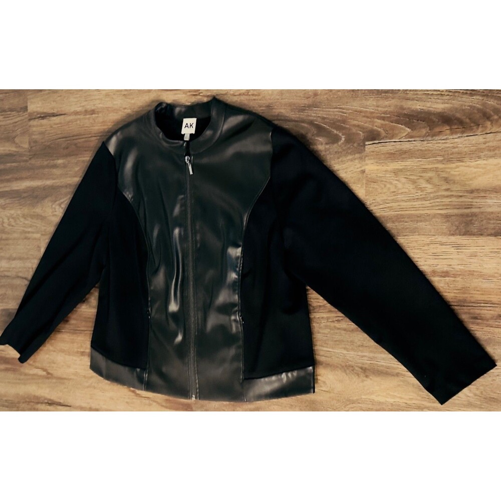 AK Anne Klein Black Faux Leather Mixed Media Ponte Zip Front Jacket